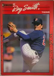 Front of 1990 Donruss Baseball Roy Smith #273 Base, portrait-oriented baseball card front. A red distressed border surrounds a large photograph of a pitcher in a Minnesota Twins uniform. The…