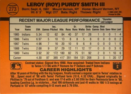Back of 1990 Donruss Baseball Roy Smith #273 Base, upright orange baseball-card back. A baseball graphic containing card number 273 appears at the upper left. The player name is printed prominently…