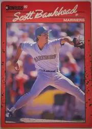 Front of 1990 Donruss Baseball Scott Bankhead #261, portrait-oriented baseball card front. A black-and-white DONRUSS logo and “90” appear at the upper left. The large white script name “Scott…