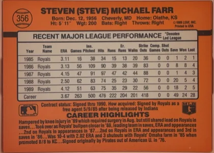 Back of 1990 Donruss Baseball Steve Farr #356, landscape-oriented baseball card back. The orange field is bordered by a dark outer line and contains a black horizontal stripe across the upper…