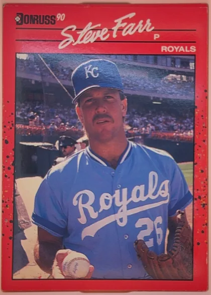 Front of 1990 Donruss Baseball Steve Farr #356, portrait baseball card front. The upper left has the Donruss logo and "90" branding. A large cream script name, "Steve Farr," spans the upper red…