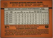Back of 1990 Donruss Baseball Steve Farr #356 Base, landscape-oriented baseball card back. An orange field surrounds a large cream statistics table. The upper-left circular baseball graphic contains…