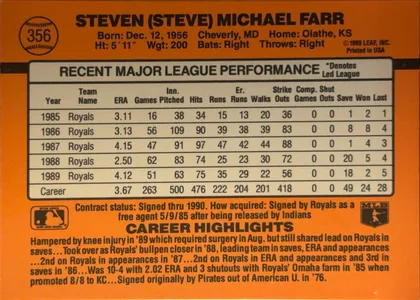 Back of 1990 Donruss Baseball Steve Farr #356, landscape-oriented baseball card back dominated by an orange field. The player name is printed in large black type across the upper portion, with…
