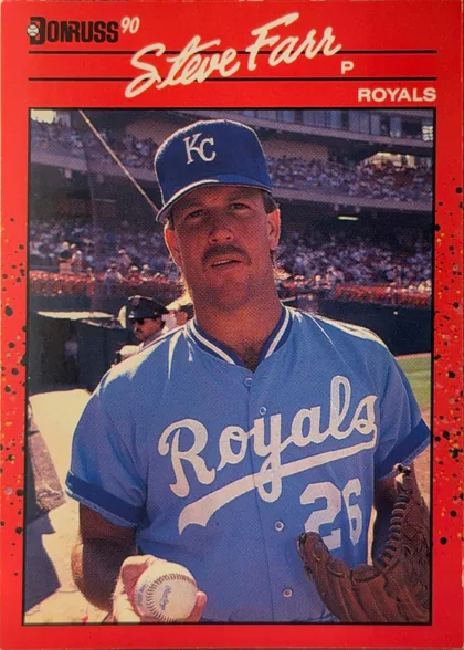 Front of 1990 Donruss Baseball Steve Farr #356, portrait baseball card front. The upper-left header has the Donruss 90 logo in black and white. The player name "Steve Farr" is printed prominently…