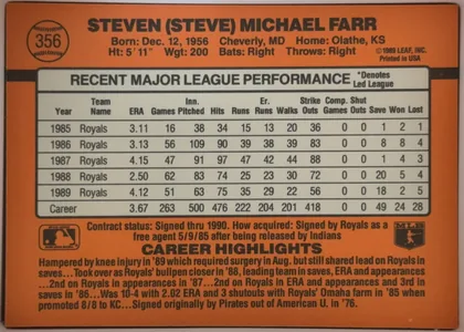 Back of 1990 Donruss Baseball Steve Farr #356, upright landscape-format baseball card back. An orange field surrounds a large light-gray statistics table bordered in black. The upper area…