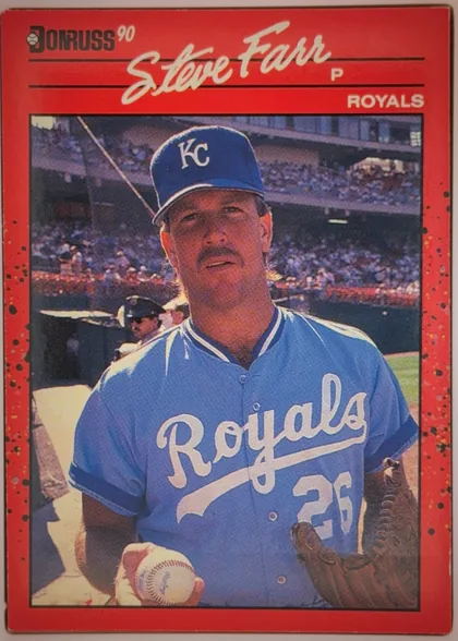 Front of 1990 Donruss Baseball Steve Farr #356, portrait-format baseball card front. A black Donruss logo and "90" appear at the upper left. The player name "Steve Farr" is prominently printed in…