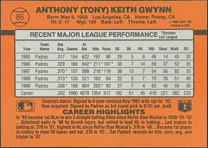 Back of 1990 Donruss Baseball Tony Gwynn #86, upright landscape-oriented baseball card back. An orange field surrounds a large gray, black-bordered statistics table titled RECENT MAJOR LEAGUE…