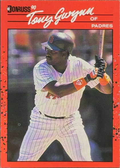 Front of 1990 Donruss Baseball Tony Gwynn #86, portrait baseball card front. The Donruss logo and small "90" appear at the upper left. "Tony Gwynn" is printed prominently in large white script…