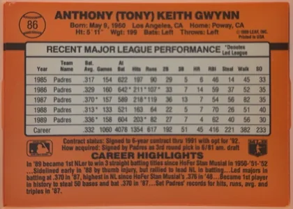 Back of 1990 Donruss Baseball Tony Gwynn #86, orange baseball-card back. The upper-left contains a baseball graphic with the number 86. The player's full name is printed prominently across the…