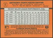 Back of 1990 Donruss Baseball Tony Gwynn #86, landscape-oriented baseball card back dominated by an orange field. The player name appears in large dark lettering across the top, with…