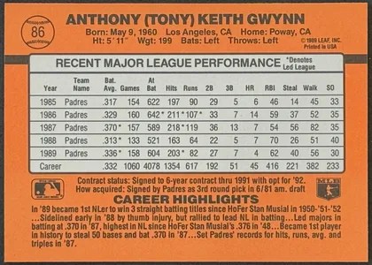 Back of 1990 Donruss Baseball Tony Gwynn #86, landscape-oriented baseball card back dominated by an orange field. The player name appears in large dark lettering across the top, with…