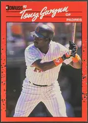 Front of 1990 Donruss Baseball Tony Gwynn #86, portrait baseball card front. A red border surrounds a photographic image of Tony Gwynn batting in a San Diego Padres uniform. The upper left has…