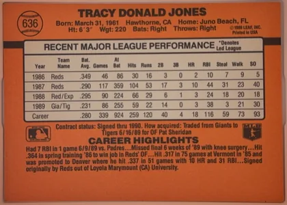 Back of 1990 Donruss Baseball Tracy Jones #636, upright landscape-oriented baseball card back dominated by an orange field. A baseball-shaped number medallion containing 636 appears at upper left…