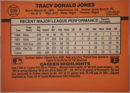 Back of 1990 Donruss Baseball Tracy Jones #636, upright landscape-oriented baseball card back dominated by an orange field. A baseball-shaped number medallion containing 636 appears at upper left…