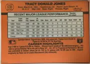 Back of 1990 Donruss Baseball Tracy Jones #636, landscape-oriented baseball card back. The upper orange header shows a baseball graphic containing card number 636 at left, with the player name…