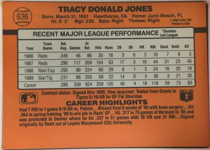 Back of 1990 Donruss Baseball Tracy Jones #636, landscape-oriented baseball card back. The upper orange header shows a baseball graphic containing card number 636 at left, with the player name…