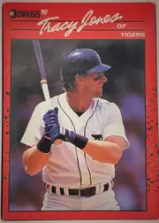 Front of 1990 Donruss Baseball Tracy Jones #636, upright portrait baseball card. The upper red title panel shows a Donruss logo and "90" at left, a large white script "Tracy Jones" across the…