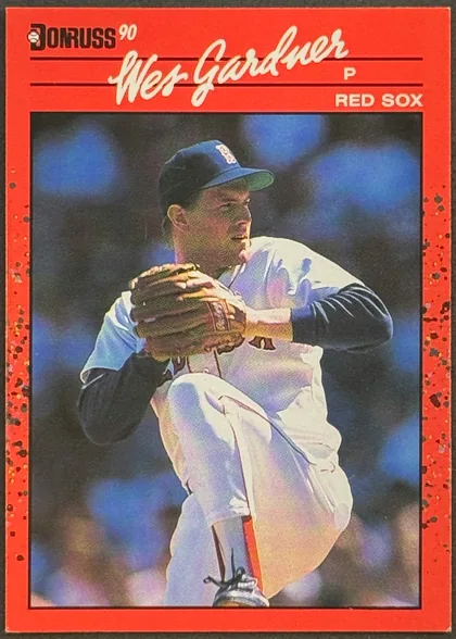 Front of 1990 Donruss Baseball Wes Gardner #541 Base, portrait baseball card front with a saturated red title band across the top. Upper left shows a small baseball glyph beside bold black 'DONRUSS' and…