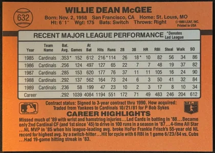 Back of 1990 Donruss Baseball Willie McGee #632, landscape-oriented baseball card back dominated by an orange field. The upper area shows a baseball graphic containing card number 632 at left, the…