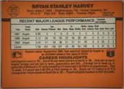 Back of 1990 Donruss Bryan Harvey #372, landscape-oriented baseball card back. The top orange section has a circular card-number emblem at left with 372 and the player name in bold black…