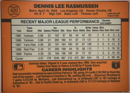 Back of 1990 Donruss DENNIS LEE RASMUSSEN #420, landscape-oriented baseball card back with an orange field and black accents. The card number 420 appears inside a baseball graphic at the upper…