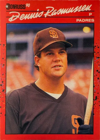 Front of 1990 Donruss Dennis Lee Rasmussen #420, upright portrait-format baseball card front. A red header contains the Donruss '90 logo at upper left, the large white script name Dennis Rasmussen…