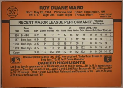 Back of 1990 Donruss Duane Ward #307 Base (pack-issued), landscape-oriented orange baseball card back. The player name ROY DUANE WARD is prominent across the upper area, with card number 307 inside a…