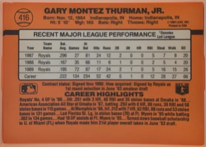 Back of 1990 Donruss Gary Thurman #416, landscape-oriented orange baseball card back. The upper-left contains a baseball-shaped circle with card number 416. The player name is printed…