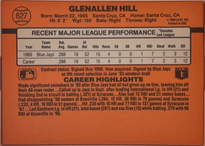 Back of 1990 Donruss Glenallen Hill #627, landscape-oriented baseball card back. The orange design has a black horizontal band behind a centered white statistics panel. GLENALLEN HILL is…