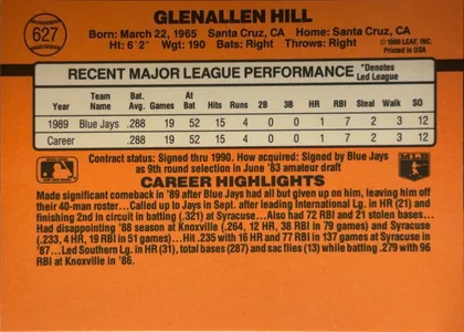 Back of 1990 Donruss GLENALLEN HILL #627, orange baseball-card back. The player name GLENALLEN HILL is centered in bold black type across the top, with a baseball-shaped number marker 627 at…