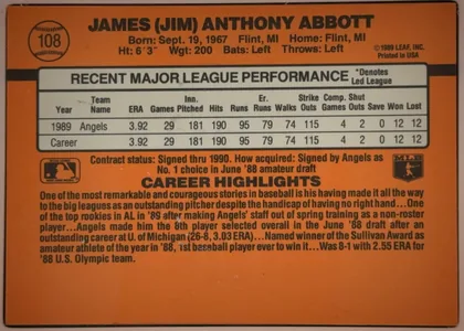 Back of 1990 Donruss Jim Abbott #108 Base, landscape-oriented baseball card back dominated by an orange background. The top has a baseball-shaped number medallion containing 108 at left, the…