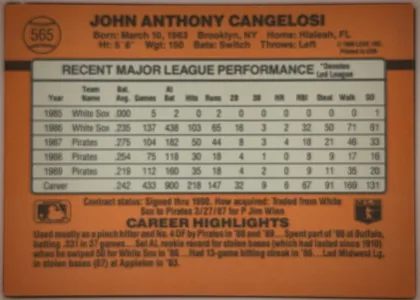 Back of 1990 Donruss John Cangelosi #565 Base, landscape-oriented baseball card back. An orange/brown field surrounds a large cream statistics table centered across the upper and middle area. The…