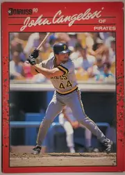 Front of 1990 Donruss John Cangelosi #565 Base, upright portrait baseball card. The upper red header contains the Donruss logo and "90" at left, a large white script player name across the top…