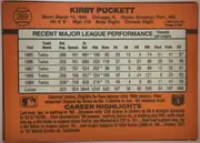 Back of 1990 Donruss Kirby Puckett #269, landscape-oriented baseball card back dominated by an orange field. A baseball-shaped circle at upper left contains card number 269. The player name…