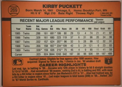 Back of 1990 Donruss Kirby Puckett #269, landscape-oriented baseball card back dominated by an orange field. A baseball-shaped circle at upper left contains card number 269. The player name…