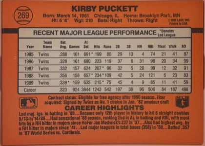 Back of 1990 Donruss Kirby Puckett #269, upright landscape-oriented baseball card back. The orange-red background contains Kirby Puckett's name in large black type across the top, card…