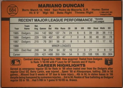 Back of 1990 Donruss Mariano Duncan #684, landscape-oriented baseball card back dominated by an orange field. The upper area has the circular card number 684 at left, the bold player name…