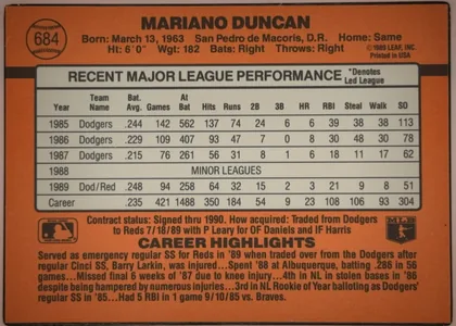 Back of 1990 Donruss Mariano Duncan #684, landscape-oriented baseball card back. A large bold black MARIANO DUNCAN heading appears across the orange upper section, with biographical details…