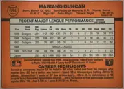 Back of 1990 Donruss Mariano Duncan #684, landscape-oriented baseball card back dominated by an orange field. The upper area has a baseball graphic containing card number 684 at left and the…