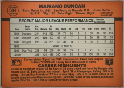 Back of 1990 Donruss Mariano Duncan #684, landscape-oriented baseball card back dominated by an orange field. The upper area has a baseball graphic containing card number 684 at left and the…