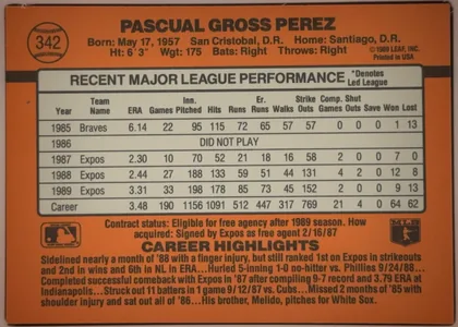 Back of 1990 Donruss Pascual Perez #342, upright landscape-format baseball card back. An orange field fills the card, with black divider bands and a cream statistics panel bordered in…