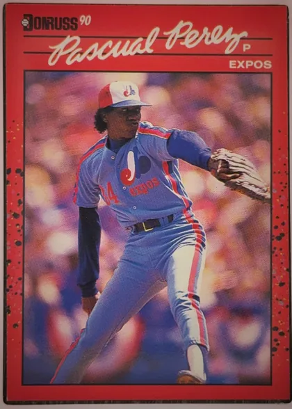 Front of 1990 Donruss Pascual Perez #342, portrait-oriented baseball card front. A large red header contains the black DONRUSS logo with white 90 mark at upper left, the player name Pascual…
