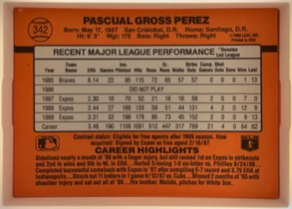 Back of 1990 Donruss Pascual Perez #342, landscape-oriented baseball card back. An orange field fills the card, with the card number 342 inside a baseball graphic at the upper left. The…