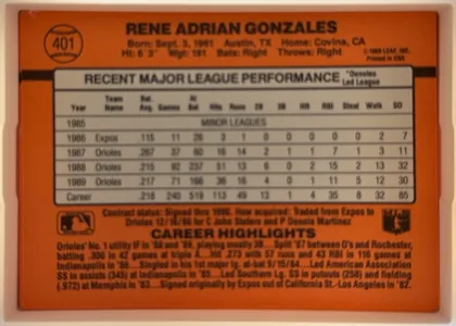 Back of 1990 Donruss Rene Gonzales #401, landscape-oriented baseball card back on an orange field. Top black banner carries the bold name RENE ADRIAN GONZALES with birth, home, height…