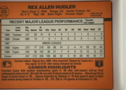 Back of 1990 Donruss Rex Hudler #366, upright landscape-oriented orange baseball card back. The card number 366 appears in a circular emblem at the upper-left. Rex Allen Hudler is…