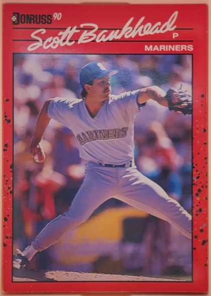 Front of 1990 Donruss Scott Bankhead #261, portrait-oriented baseball card front. A white script player name, "Scott Bankhead," spans the red header beneath the Donruss 90 logo. A small white…