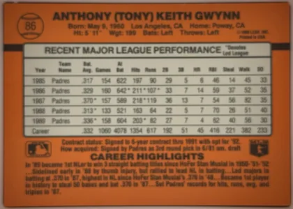 Back of 1990 Donruss Tony Gwynn #86 Base, upright landscape-oriented card back. An orange design fills the card. The upper area names Anthony (Tony) Keith Gwynn and lists biographical…