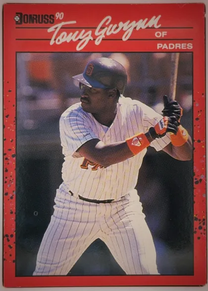 Front of 1990 Donruss Tony Gwynn #86 Base, portrait baseball card front. A black Donruss logo and "90" appear at the upper left. The large white script name "Tony Gwynn" spans the top, with…