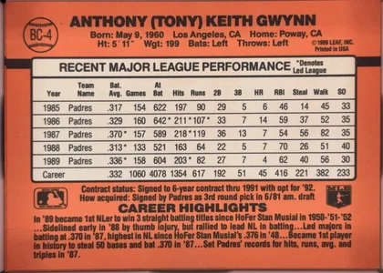 Back of 1990 Donruss Tony Gwynn #BC-4 normal, back of a baseball card on a solid salmon/orange field. Top: large bold black name 'ANTHONY (TONY) KEITH GWYNN' with two lines of vital statistics…