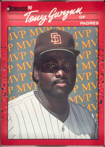 Front of 1990 Donruss Tony Gwynn #BC-4 normal, front face. Top band is solid red: left shows the 'DONRUSS' wordmark with a small baseball icon and a '90' superscript; the player name 'Tony Gwynn'…